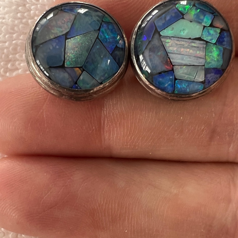 Vintage Sterling silver and Opal Mosaic Earrings - Picture 2 of 3